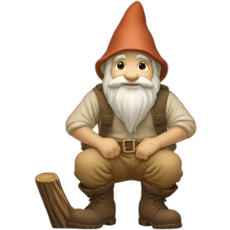 side view of gnome with light tan pants and light tan boots squatting next small brown log emoji