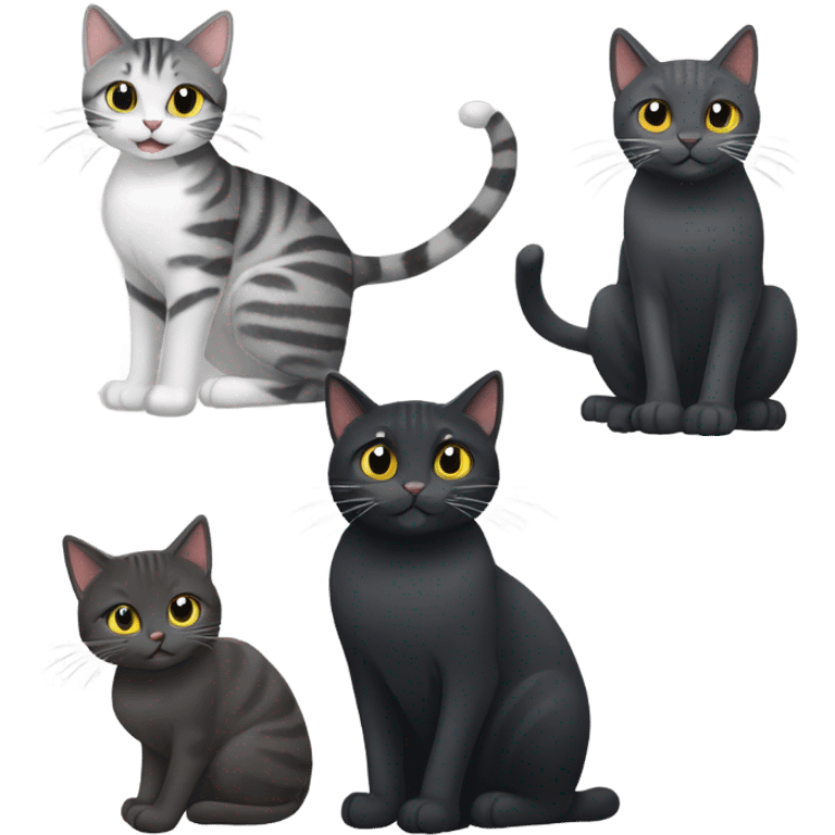 Two black cats and one grey tabby cat playing emoji