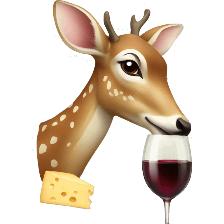 deer drinking from a glass of wine and eating cheese emoji