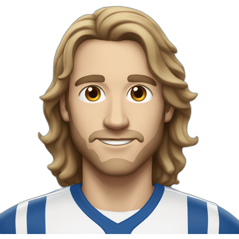 White man with light eyes, with long wavy dark brown hair, dressed in a blue and white team shirt emoji