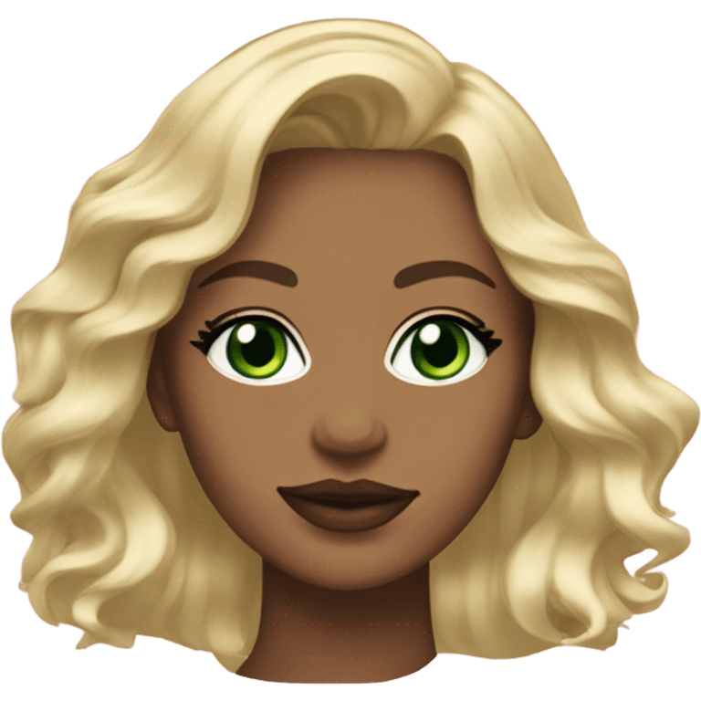 A strong woman with bright green eyes, wavy medium length, asymmetrical, blonde hair and soft pink lips ￼ emoji