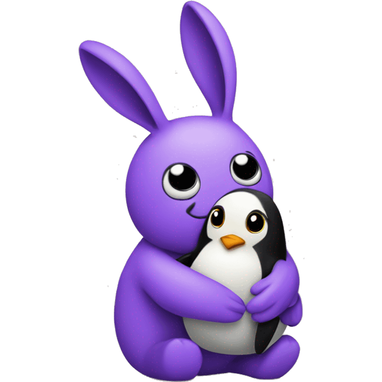 Purple bunny with floppy hugging a penguin emoji