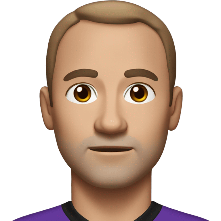 45-year-old man with a slightly round face, very short salt and peper hair with a small central crest and a slightly receding hairline. He has brown eyes, salt and peper stubble, and wears a black and purple soccer jersey. emoji