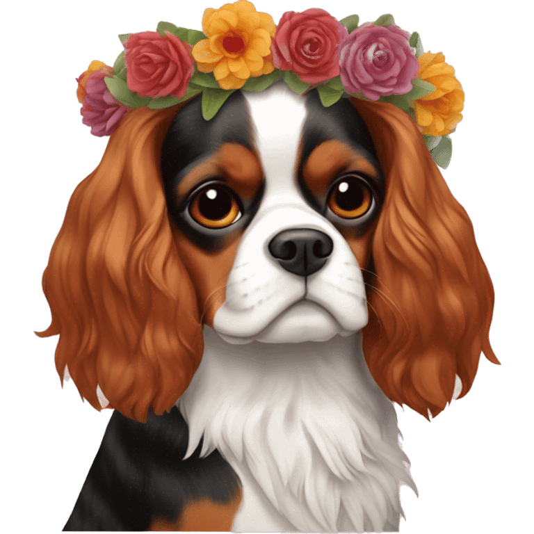 Give a flower crown to a cavalier king charles like frida kahlo emoji