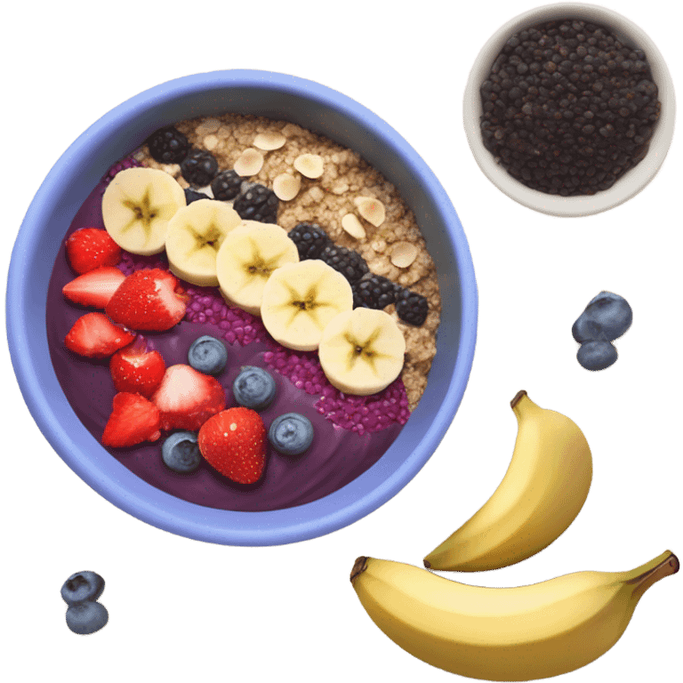 create an acai bowl with hazelnut topping and purple acai with strawberries coconut flakes and bananas emoji