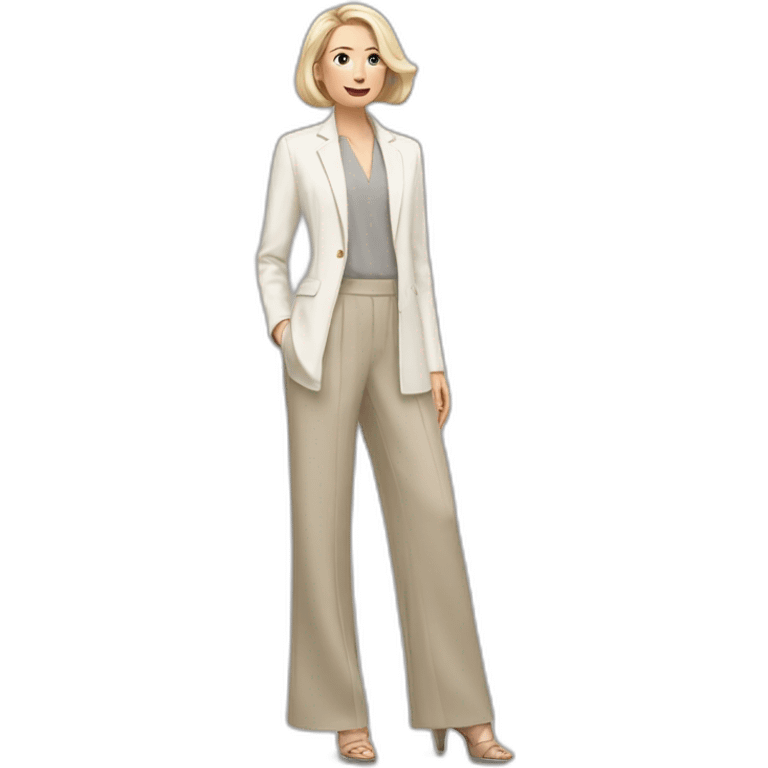 Full height Actively gesturing with hands pale skin woman with ash blonde Straightened bob Hair, White Spacious classical jacket, beige palazzo Arrow pants and gray blouse emoji