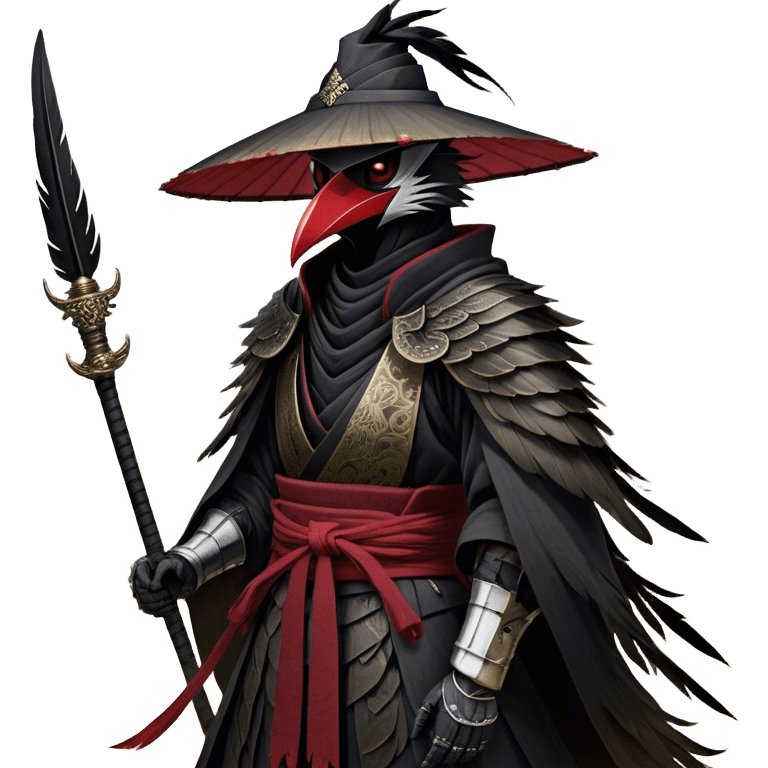 A fierce Kenku samurai with sleek black feathers, piercing crimson eyes glowing under the shadow of his straw hat. His sharp beak is partially covered by a black cloth mask, adding to his air of mystery. He wears layered black and crimson armor, intricate silver engravings etched into the metal plates. A long, tattered cloak billows behind him, worn from countless battles. His clawed hands grip the hilt of a curved katana, its polished blade reflecting the moonlight. Wisps of mist swirl around his taloned feet as he stands motionless emoji