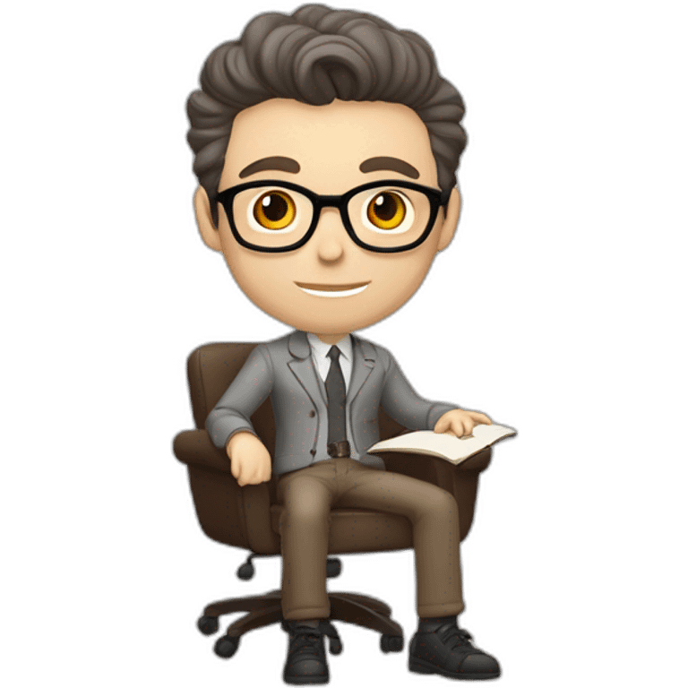 Pale skinned Fit Man With dark brown hair in gray jacket, beige office shirt, Brown pants and vintage glasses sitting In a soft chair with a notebook on spring with emblem Ψ and a pen emoji