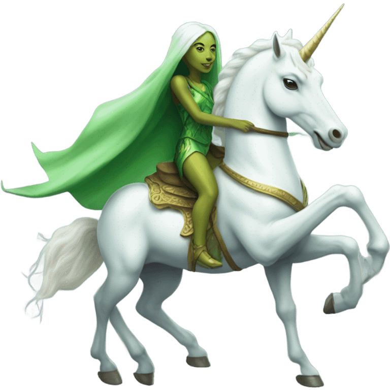 a green amazon alien woman on a white unicorn emoji