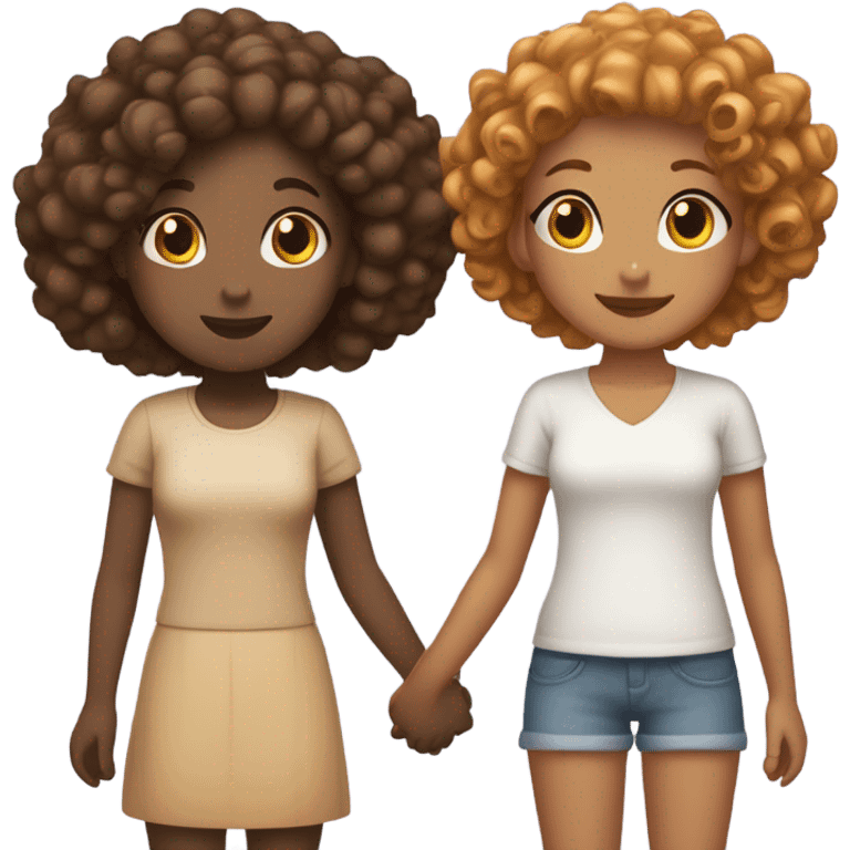 Full body, Two girls holding hands Carmel skin  one  with a curly bun and one feminine with curly hair emoji