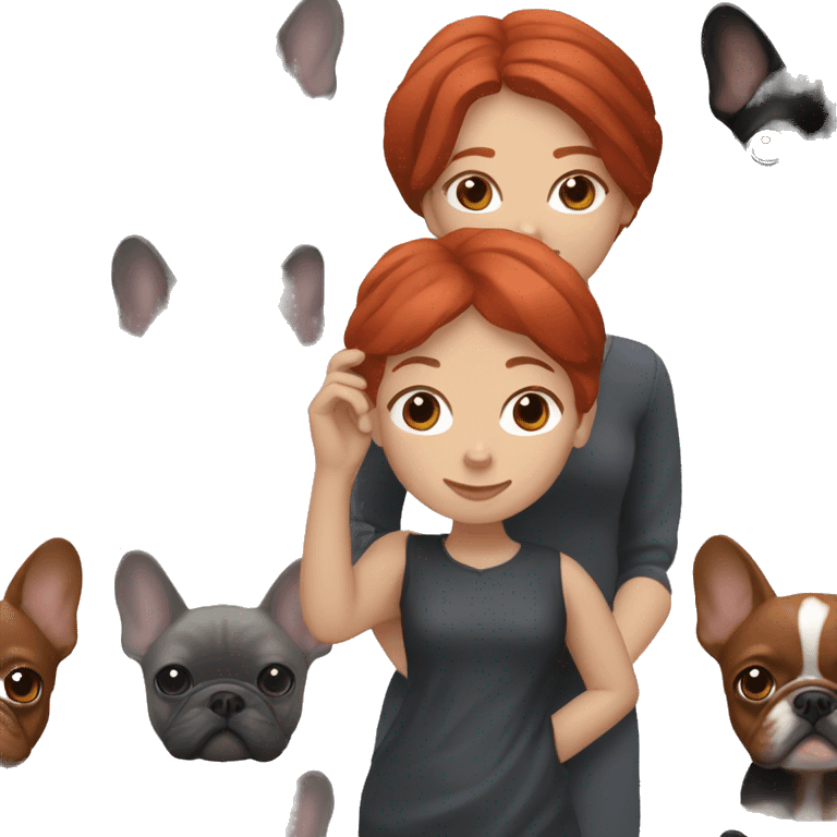 red hair woman holding dark grey French bulldog emoji