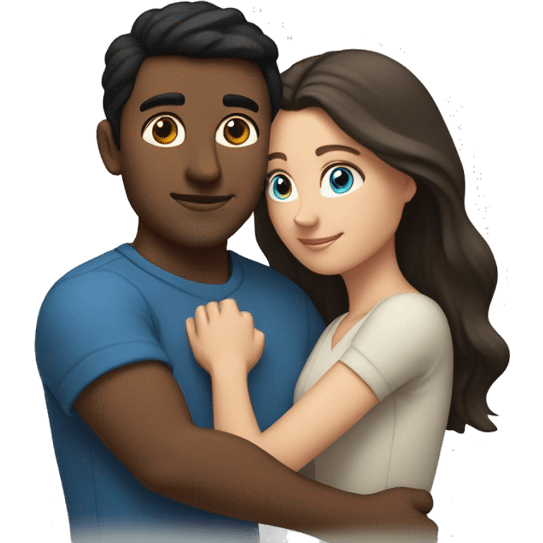 Couple embracing with arms around each other; white woman with blue eyes and brown hair, Indian man with black hair  emoji