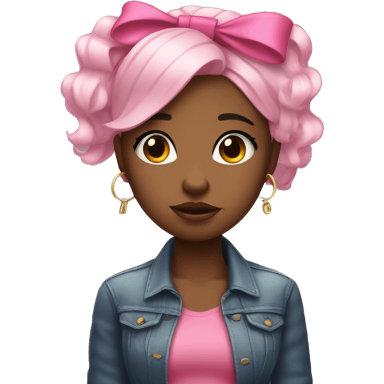 Stylish black girl crying with pink bow on her hair and stack of money on one of her hands emoji