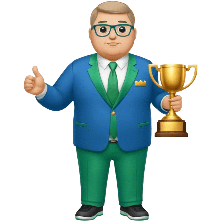 full body white obese male basketball coach with trophy. Wearing glasses and blue and green suit emoji