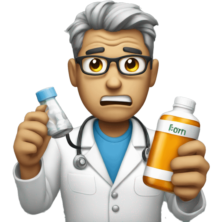 Angry person on the phone holding a bottle of medicine emoji