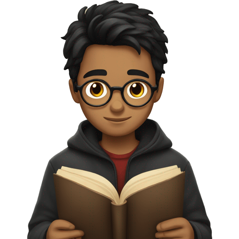 Boy with dark hair reading Harry potter emoji