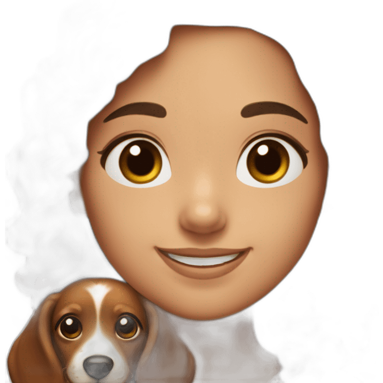 Girl long curly brown hair smiling and brown eyes with long eyelashes and holding a dachshund  in her arms emoji