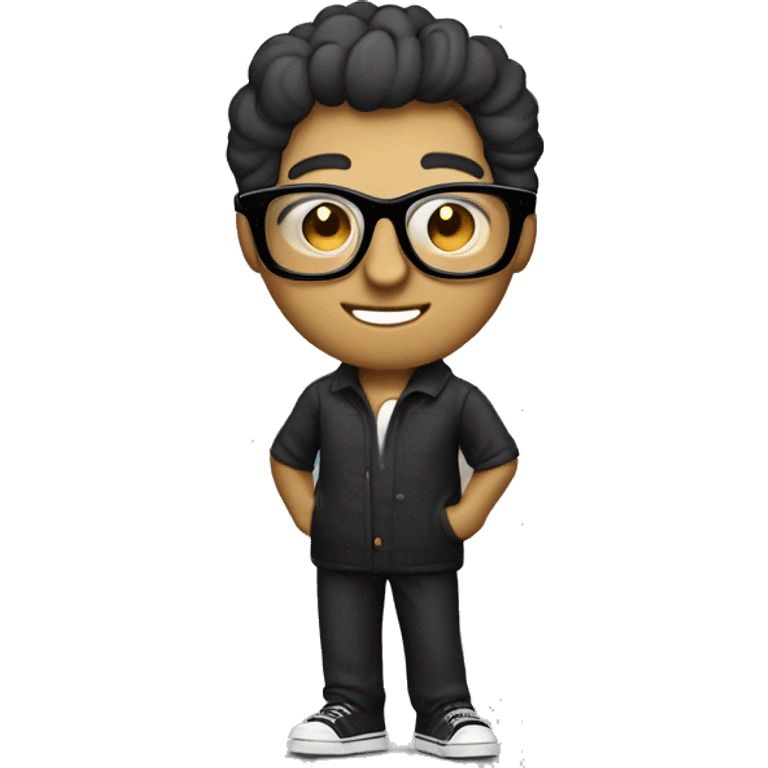 "Design a 'Cinephile' emoji featuring a cool character with film reel eyes, wearing stylish black glasses. Add a small clapperboard and popcorn bucket in the background, capturing the essence of movie lovers with a sleek and cinematic vibe." emoji