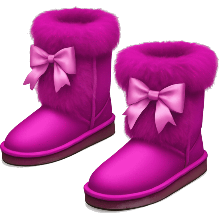 Realistic pair of magenta Ugg fur boots with silk ribbon bows. emoji