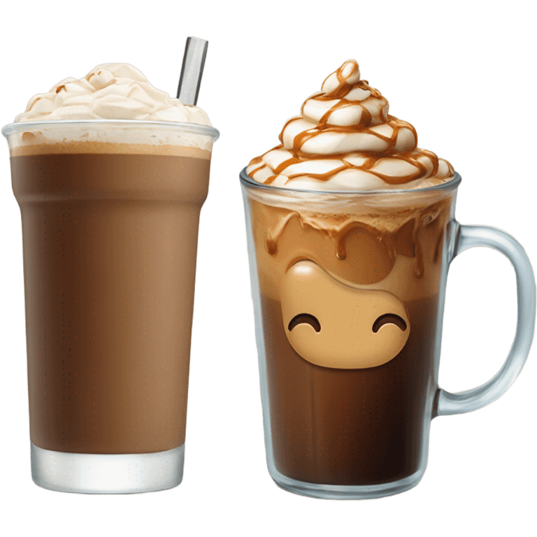 caramel coffee next to a chocolate iced coffee  emoji