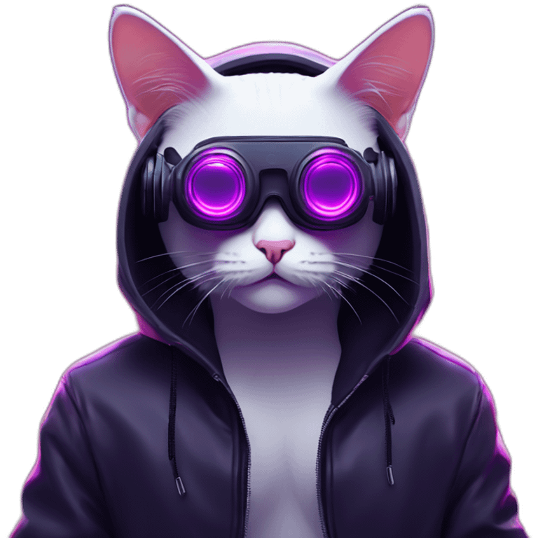 Russian cat wearing a black hoodie with "OMG" letters on it and VR headset in a cyberpunk VR environment with violet neon lighting. emoji