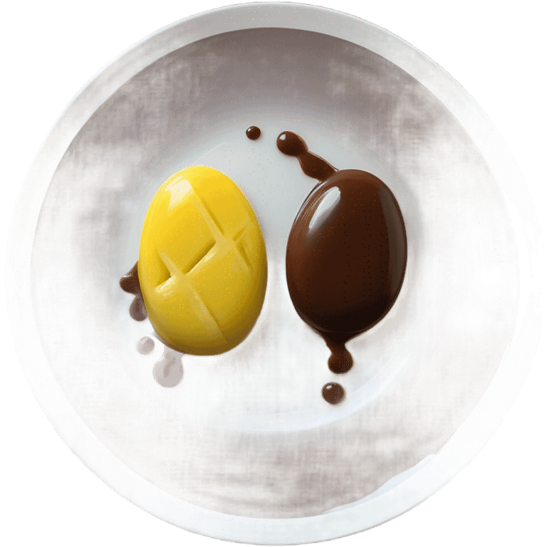 Chocolate and vanilla quenelle on glass plate with 3 drops of pineapple sauce emoji