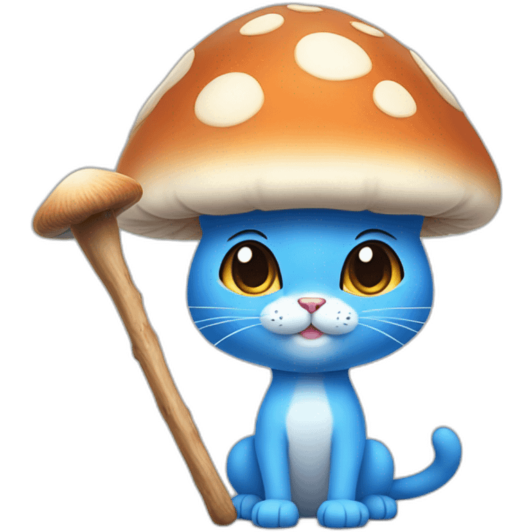  Cute Blue Cat NO ears wearing a mushroom cap carrying a stick in one arm standing on two legs no hair made of skin emoji