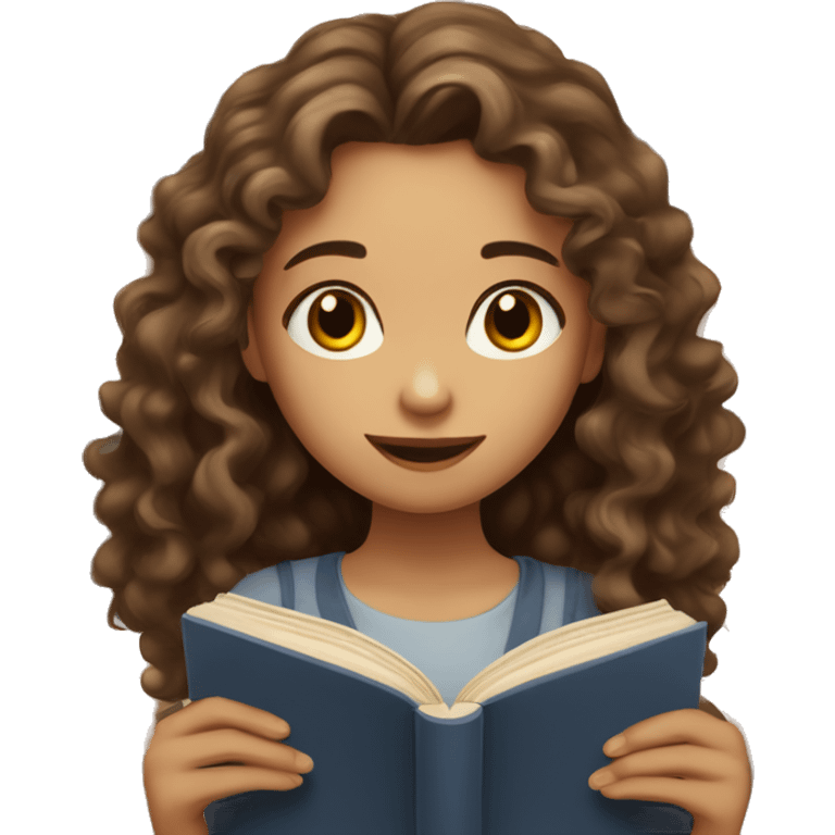 girl with long curly brown hair, she has light, white skin, two moles on her right cheek, brown eyes, looks at an open book in her hands emoji