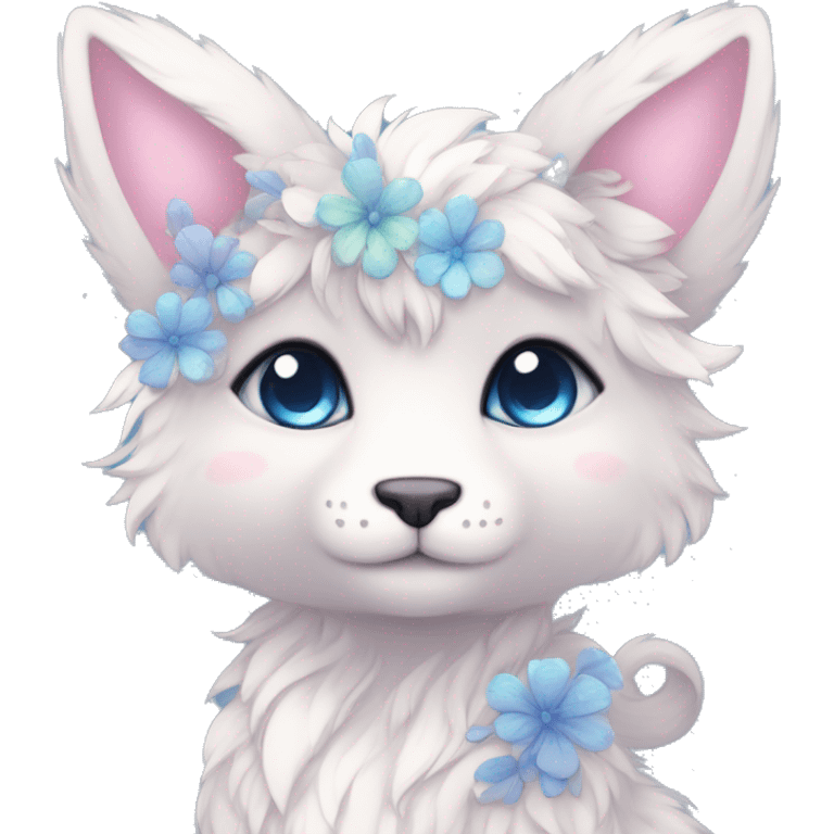 Anthro Cute Cool Pastel Kawaii gorgeous sparkly ethereal fantasy animal creature with blue eyes furry sona with flowers and ribbons beautiful aesthetic emoji