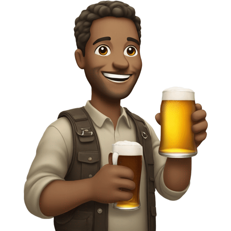 A happy guy drinking a beer looking at a phone emoji