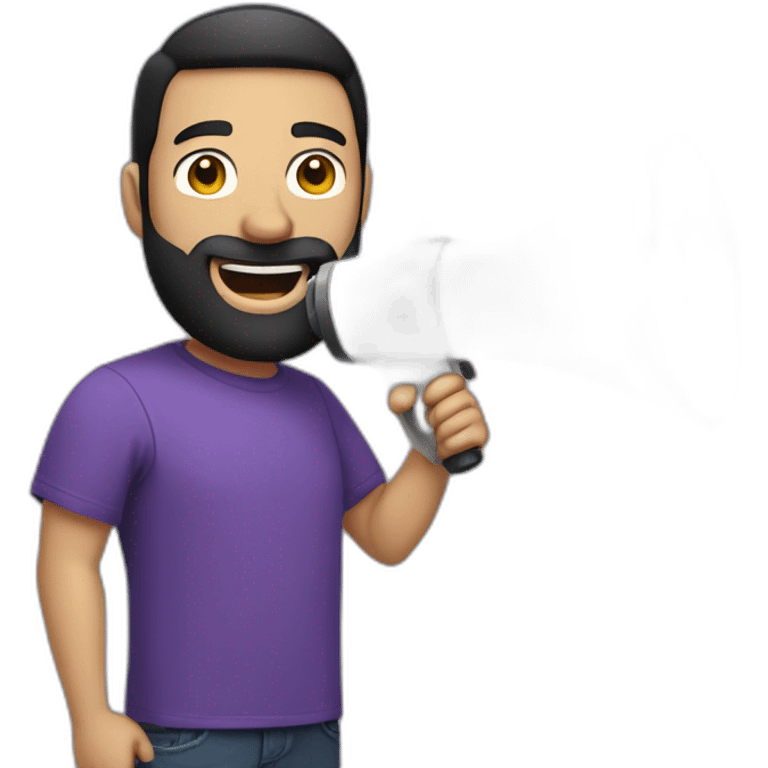 a white man with a black beard, holding a megaphone next to his mouth, he wears a purple tshirt, smiling,he has a modern haircut emoji