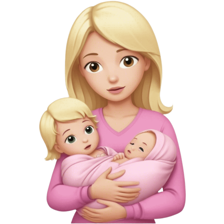 Blonde girl holding a new born baby while the baby is wrapped in pink. emoji