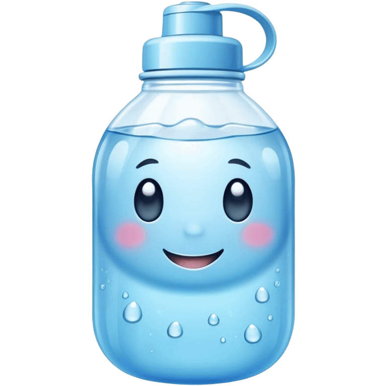 Cute Kawaii Water Bottle, round and bubbly, soft blue with tiny water droplets around, a happy smiling face, gentle glowing highlights, fresh and refreshing vibes! emoji