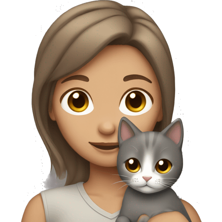 Tan girl with brown hair cuddling a grey cat emoji