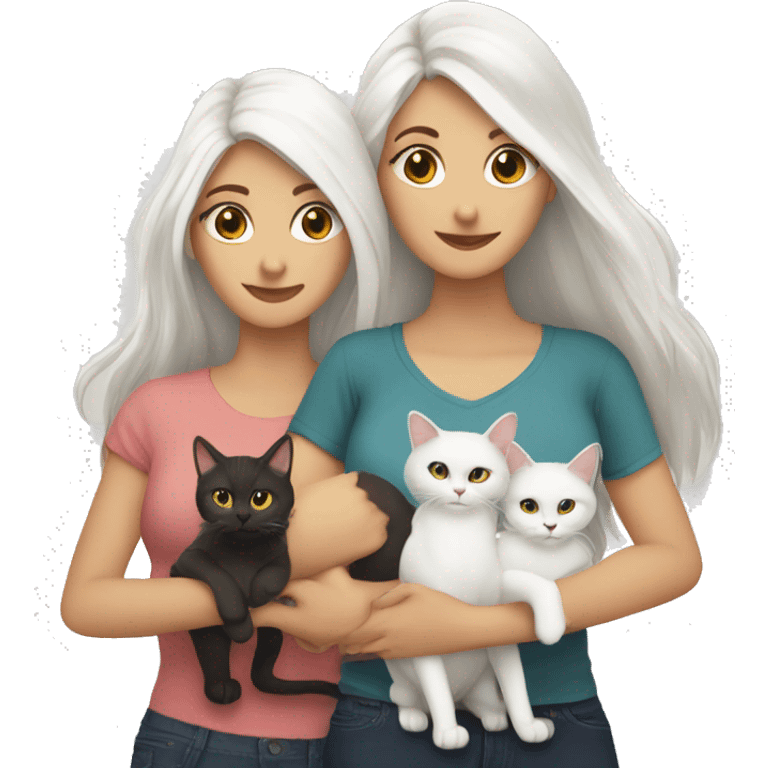 Two white long hair brunettes with two cats in hands emoji