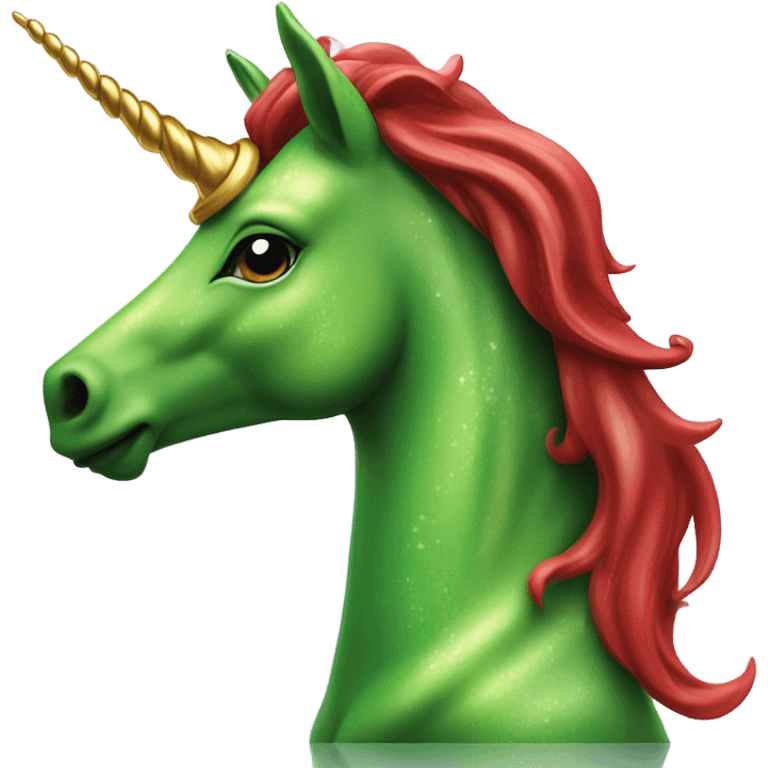 four-legged red unicorn a green amazon alien woman, on a unicorn emoji