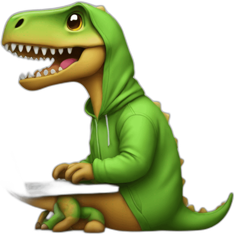 dinosaur working on a laptop with a hoodie emoji