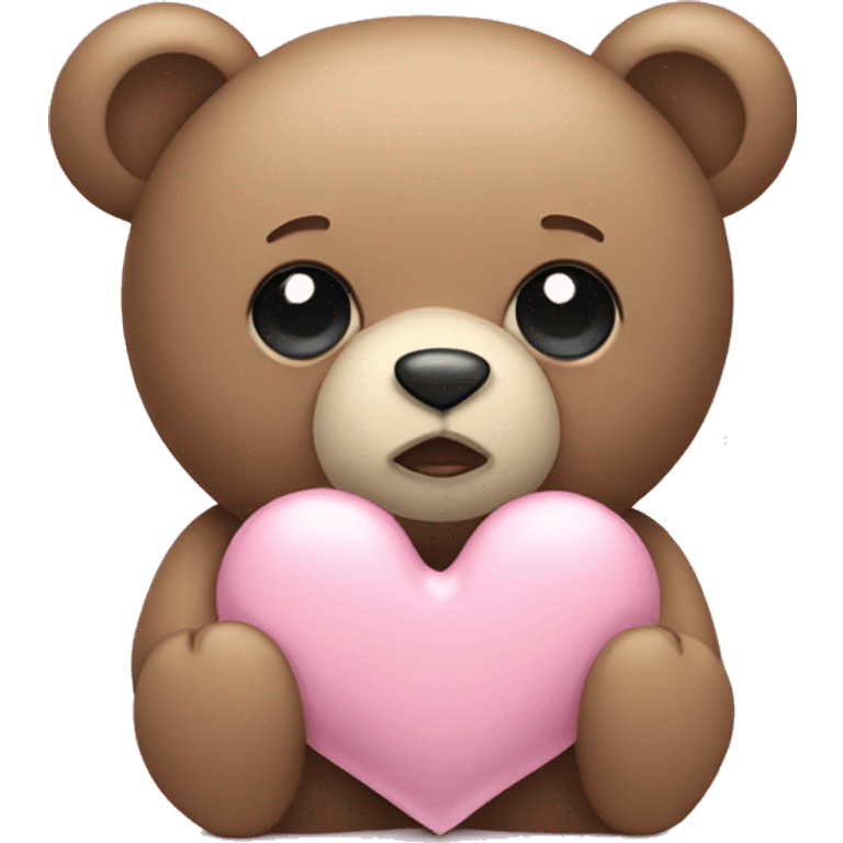 Teddy bear with sad eyes holding a pastel pink heart emoji