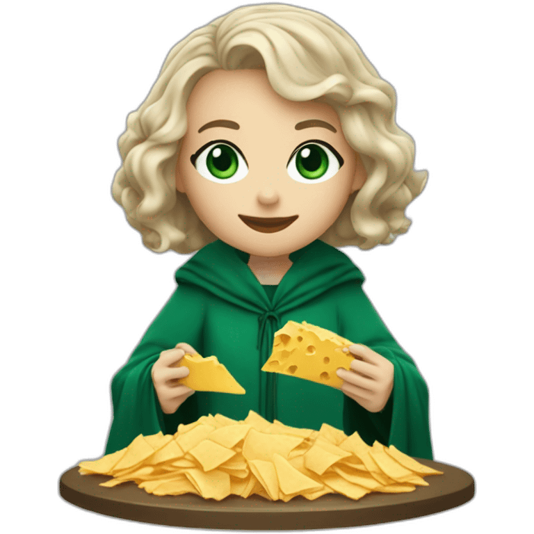 Slytherin girl with short wavy ash blonde bob hair and blue eyes eating chips and cheese wearing a wizard robe emoji