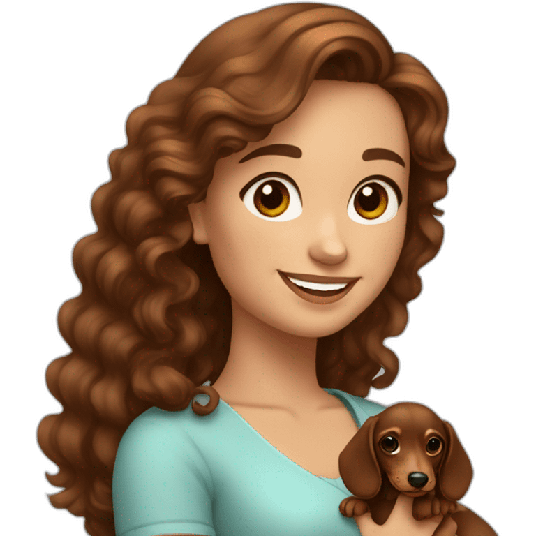 Young lady long curly brown hair smiling and brown eyes with long eyelashes and holding a dachshund  in her arms emoji