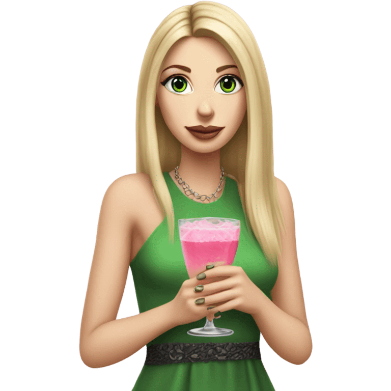 Realistic White girl with Long straight blonde hair, green eyes, tattoos, full body wearing dress and High heels, holding pink drink emoji