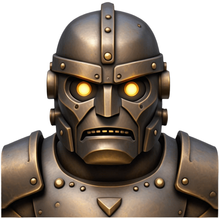 Cinematic Noble Mighty Iron Golem Portrait Emoji Poised and imposing, with a towering, metallic form forged from intricately detailed plates of burnished steel and ancient bronze, etched with faint traces of runes and weathered marks of time. Its piercing, glowing eyes radiate unwavering resolve, casting a solemn and commanding presence; rendered with lifelike texture and natural metallic highlights, high shine, elegant yet indomitable, styled with an aura of legendary endurance, focused and resolute, soft glowing outline, capturing the essence of an eternal guardian, standing vigilant and immovable as if ready to awaken at any moment with unstoppable might! emoji