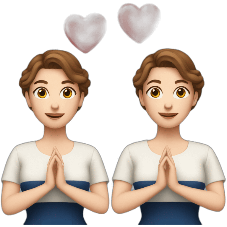 A white woman with brown hair, making a heart symbol with her hands (with long earrings and dark blue dress) making a heart symbol with her hands emoji