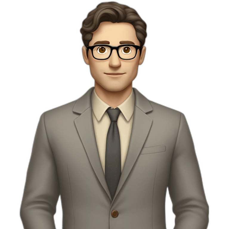 Full height Pale skinned Fit Man With dark brown hair in gray jacket, beige office shirt, tie, Brown pants and vintage glasses. Thrumbs of his palms directed up emoji