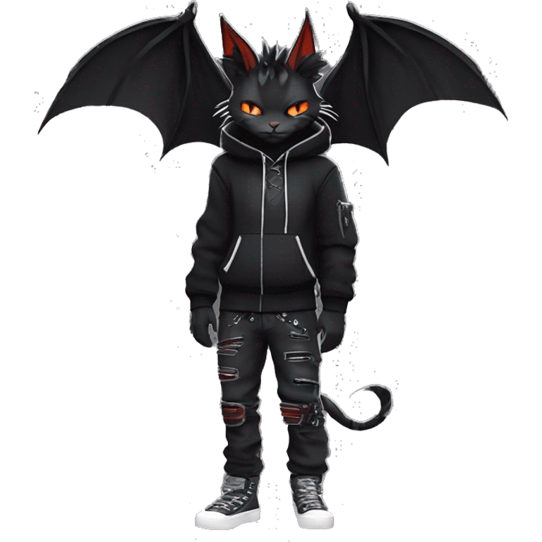 Cool Anthro Black Bat-Nargacuga-Litten-cat-Pokémon with edgy stripes hoodie spiked collar punk techwear Full Body emoji