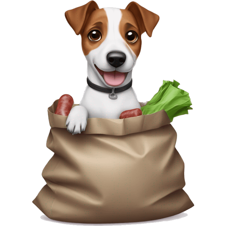 Jack Russell Terrier holds a garbage bag with sausages in his paws emoji