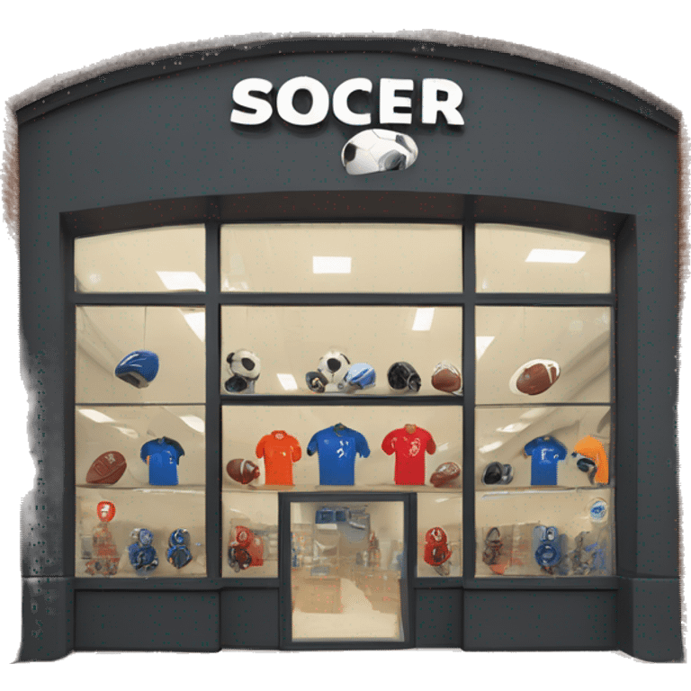 “Soccer store exterior with bold signage, large windows showcasing football gear, jerseys, and accessories, and a dynamic, athletic design reflecting the energy of the sport.” emoji