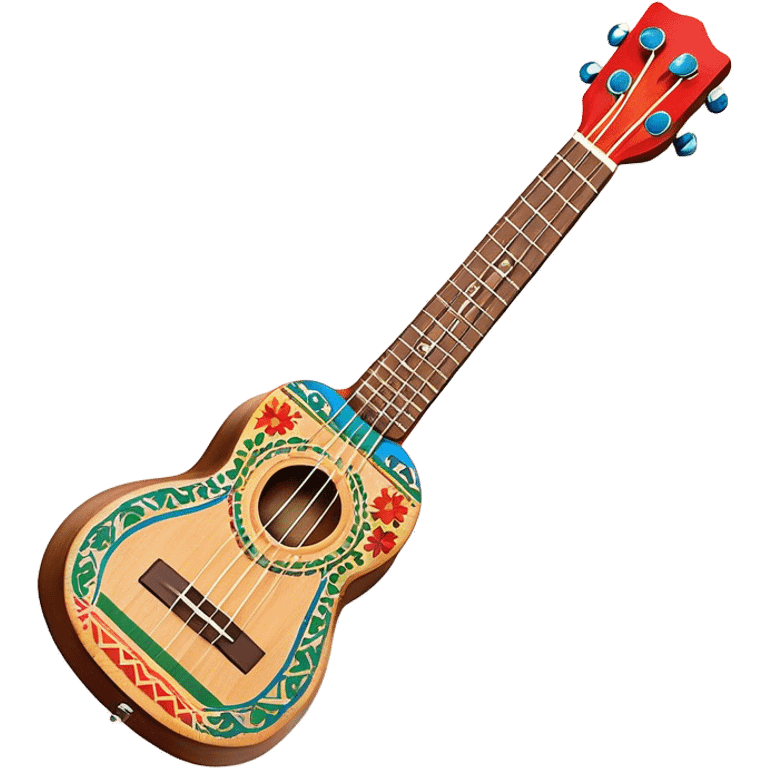 Create a vibrant and artistic emoji representing a ukulele with a Mexican design. The ukulele should feature a bright, colorful body with traditional Mexican patterns, such as geometric shapes, floral motifs, or colorful stripes. Use rich, warm tones like red, yellow, green, and blue to give the instrument a lively, festive look. Highlight the wood grain of the ukulele’s neck and fingerboard, and add subtle details like decorative inlays or a small Mexican flag symbol on the body. The strings should be clearly visible, and the instrument should be in a slightly angled position to showcase its unique design. The background should be transparent. emoji