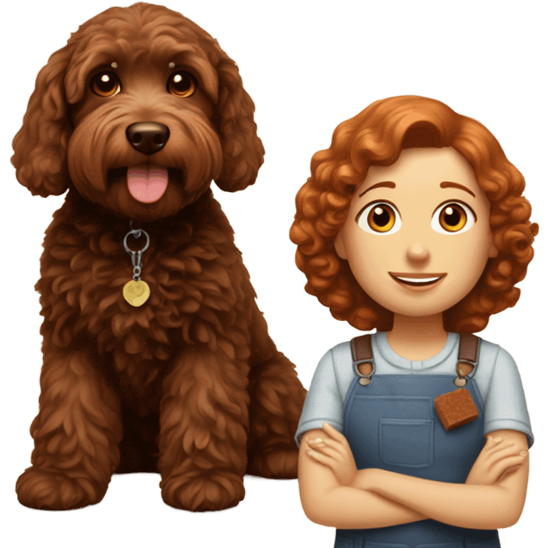 realistic red headed girl with chocolate labradoodle  emoji