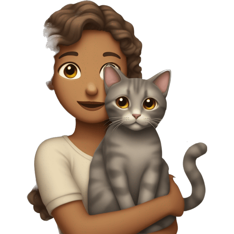 A beige-gray cat in the arms of a curly brown girl emoji